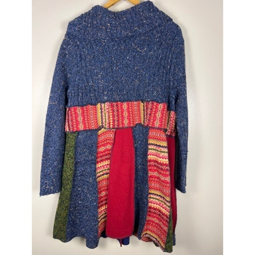Handmade Upcycled Wool Patchwork Fair Isle Longline Cardigan Jacket Blue Red - Picture 5 of 8